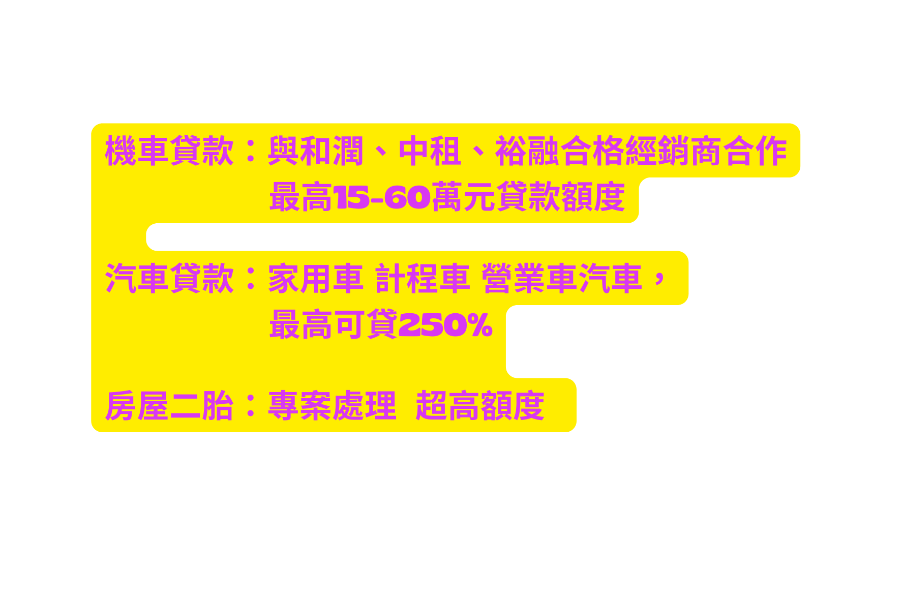 機車貸款 與和潤 中租 裕融合格經銷商合作 最高15 60萬元貸款額度 汽車貸款 家用車 計程車 營業車汽車 最高可貸250 房屋二胎 專案處理 超高額度